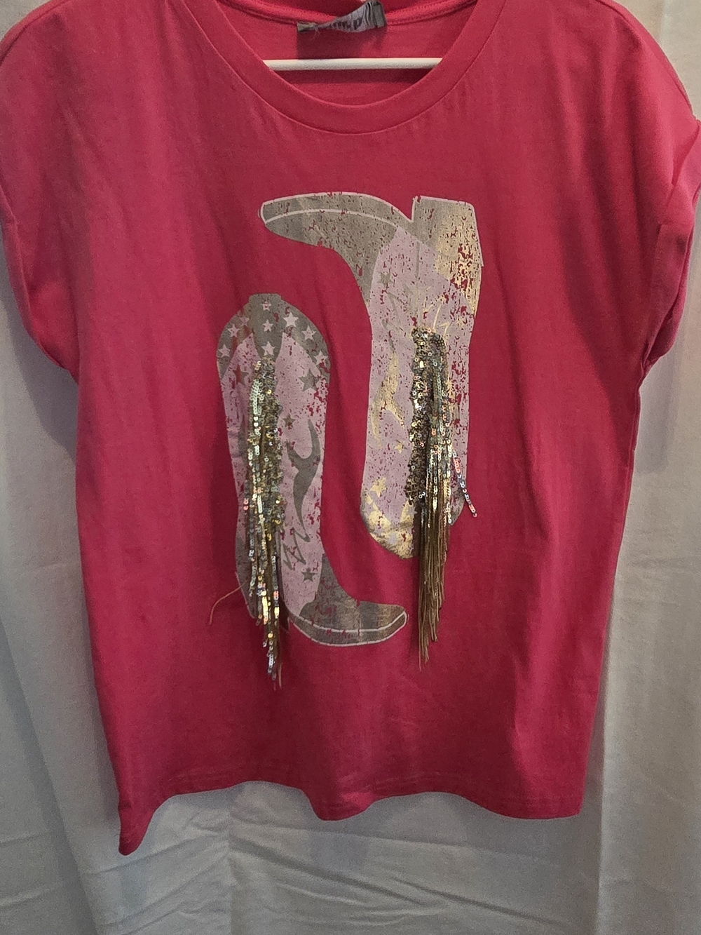 Women's Bright Pink Sequin Western Boot Graphic Tee